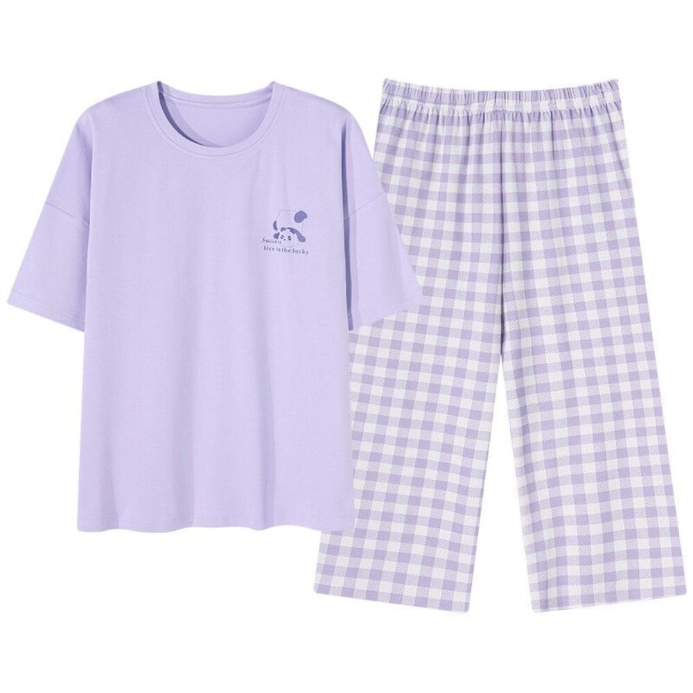 100% Cotton Women Capri Pajama Set 2 Pcs Short Sleeve Top Capris pants Sleepwear